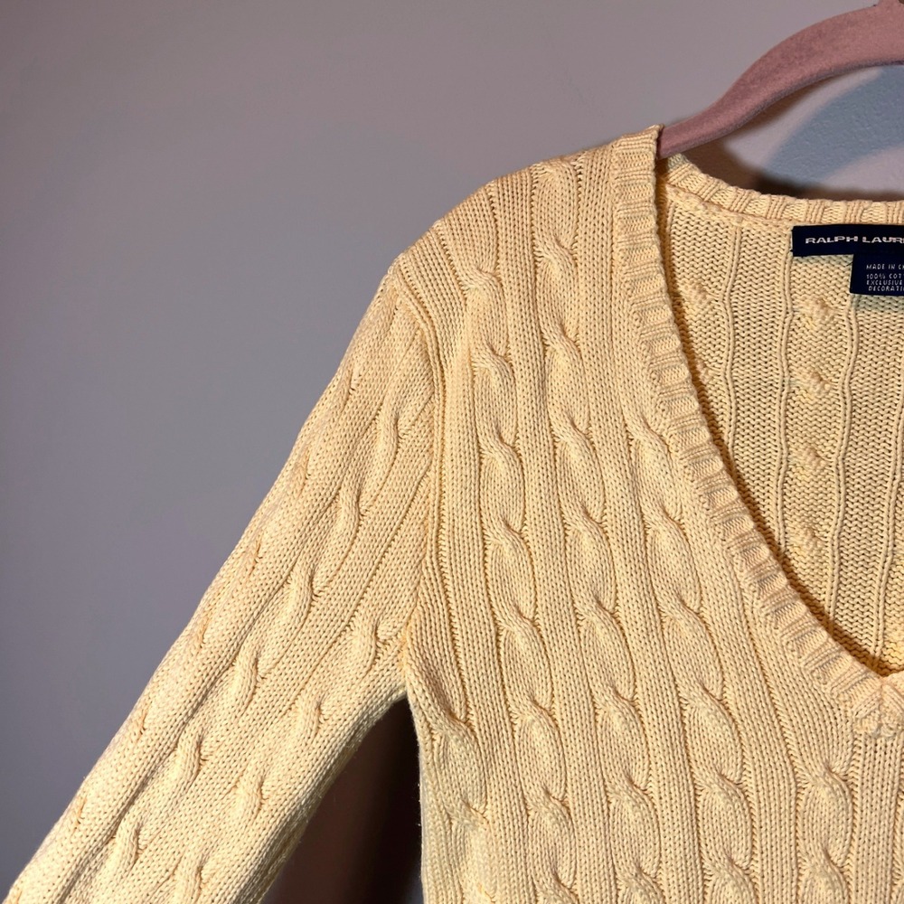 Ralph Lauren Sport Womens Yellow Cable Knit V-Neck Cotton Sweater Size M - Picture 3 of 10